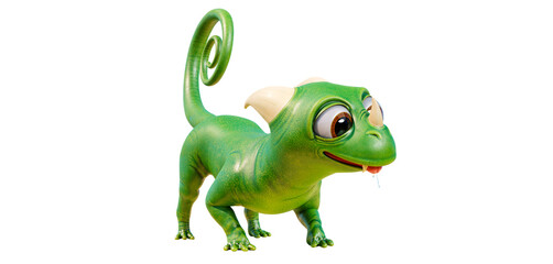 Funny character lizard or dinosaur. Cute gecko or dragon with big eyes and protruding tongue. Fictional character, 3D Render. PNG