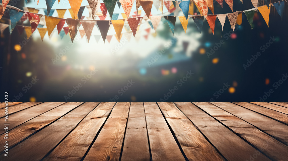 Wall mural Empty wooden table top showcase on alpine village background, with festive flags, empty bokeh background