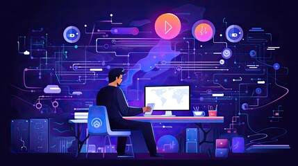 Web Developer Engineer Coding Full Stack developer computer person 2d illustration