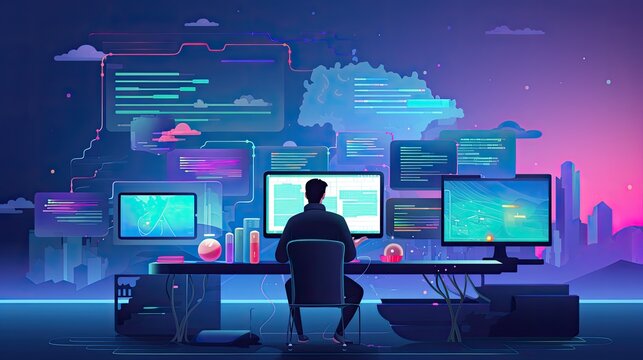 Web Developer Engineer Coding Full Stack developer computer person 2d illustration