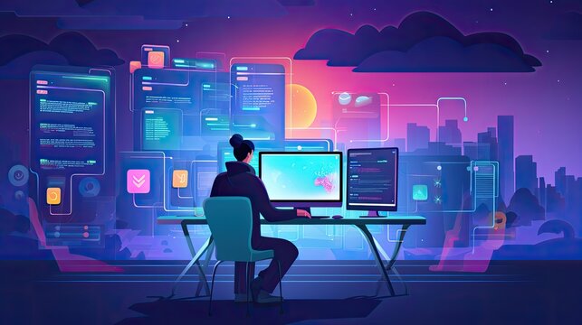 Web Developer Engineer Coding Full Stack developer computer person 2d illustration