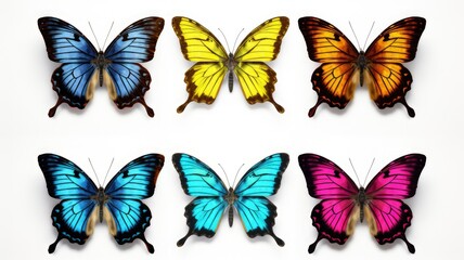 Obraz premium Colorful butterfly collection: Six vibrant butterflies are displayed with a mesmerizing array of colors and patterns, capturing the delicate beauty and intricate design of nature's artistry. 