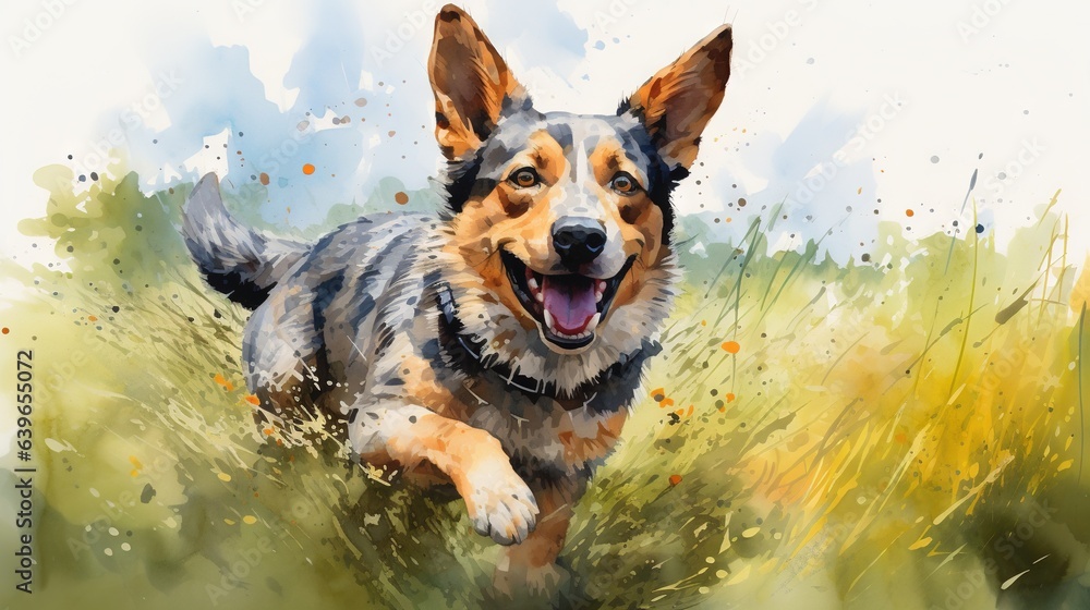 Poster a painting of a dog running through a field of grass. generative ai