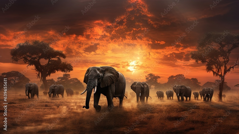Poster a herd of elephants walking across a dry grass covered field, with trees in the background and a sky