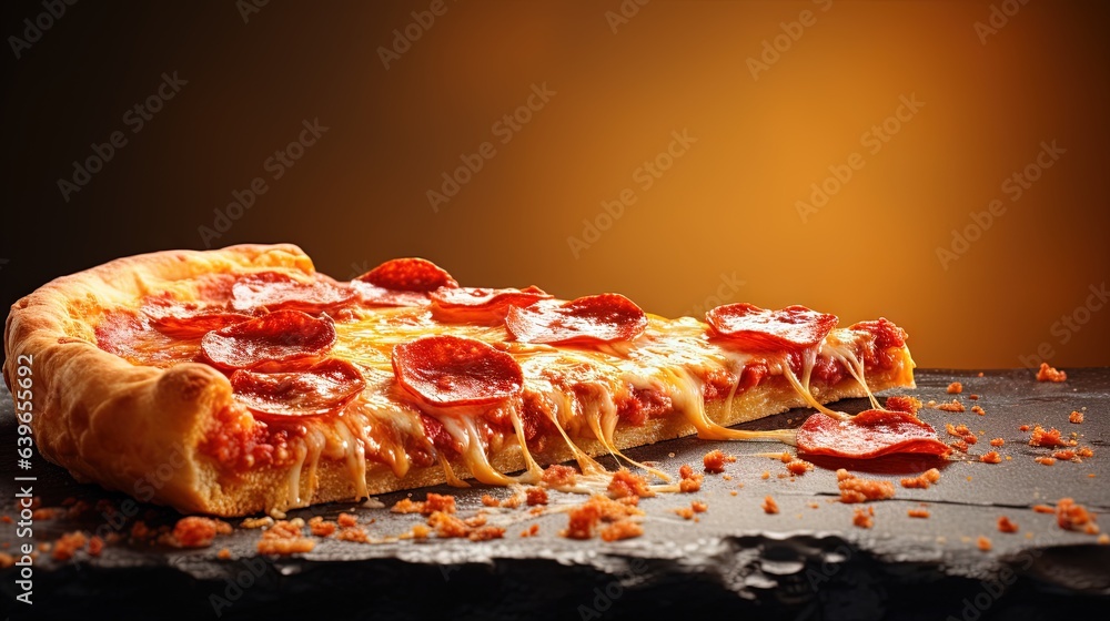 Aufkleber a pepperoni pizza is on a table with a slice missing. generative ai