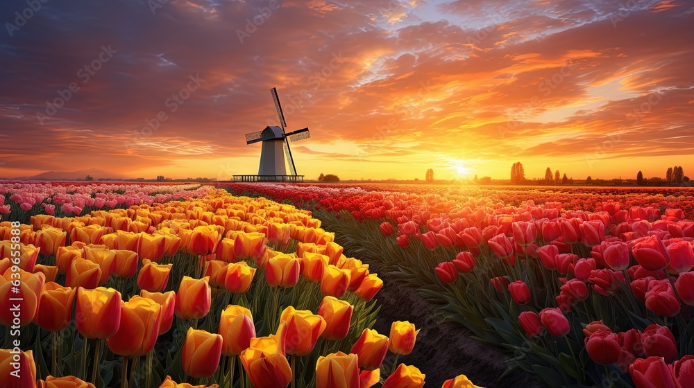 Poster a field of flowers with a windmill in the background at sunset. generative ai