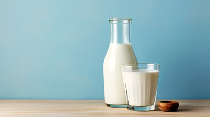 On a pastel background, a bottle and glass of milk rest on a wooden table, with ample space for your advertising message