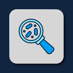 Filled outline Microorganisms under magnifier icon isolated on blue background. Bacteria and germs, cell cancer, microbe, virus, fungi. Vector