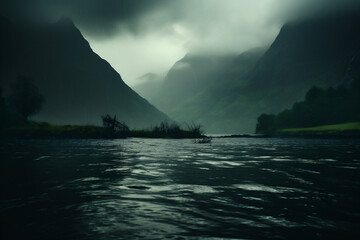 Foggy morning on the lake. Landscape with fog and mountains.