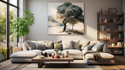 Fresh white light living room design, Grey strict furniture, white table, calm modern minimalistic...
