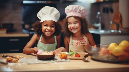 Two young girls, one of African American descent and the other Caucasian, share a strong friendship as they collaborate in a contemporary kitchen to prepare a meal.