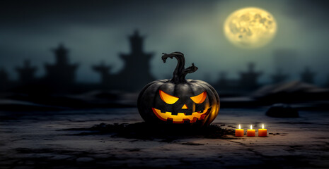Halloween holiday background. Halloween scary pumpkins head jack lanterns with burning candles in dark spooky mystery forest with huge moon, Halloween Party Card. digital ai