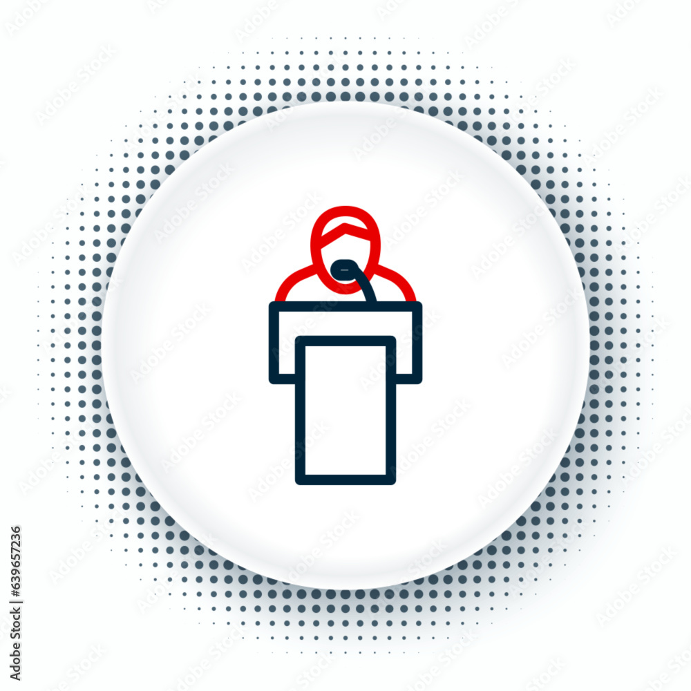 Poster line gives lecture icon isolated on white background. stand near podium. speak into microphone. the 