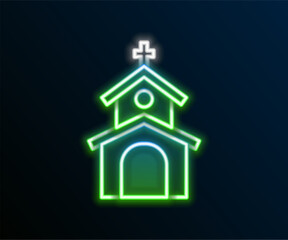 Glowing neon line Church building icon isolated on black background. Christian Church. Religion of church. Colorful outline concept. Vector