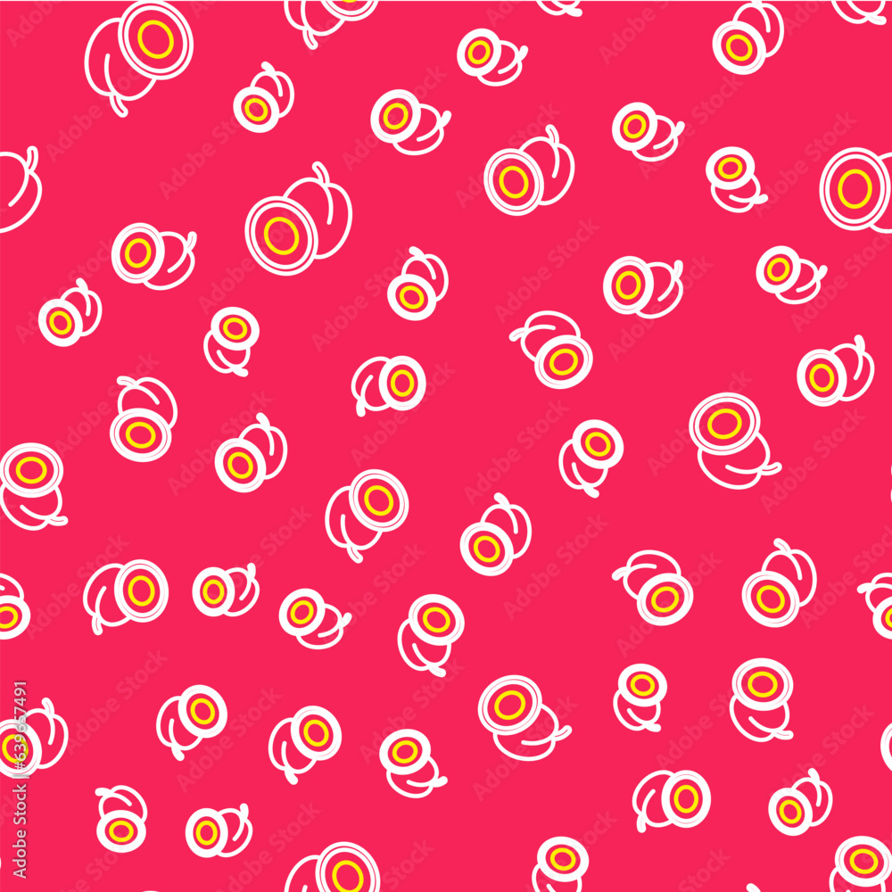 Poster line plum fruit icon isolated seamless pattern on red background. vector