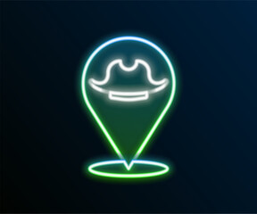 Glowing neon line Location pirate icon isolated on black background. Colorful outline concept. Vector