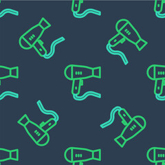 Line Hair dryer icon isolated seamless pattern on blue background. Hairdryer sign. Hair drying symbol. Blowing hot air. Vector