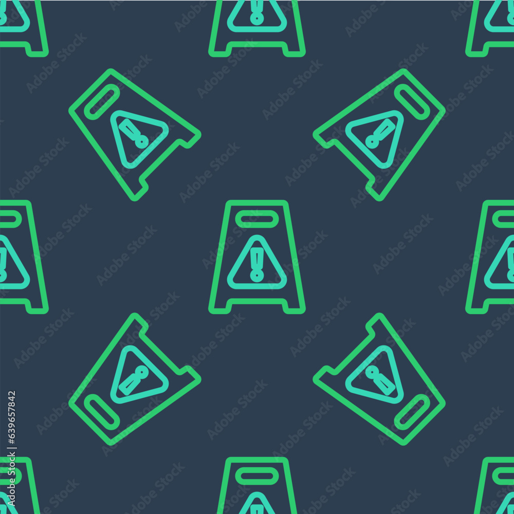 Poster line wet floor and cleaning in progress icon isolated seamless pattern on blue background. cleaning 