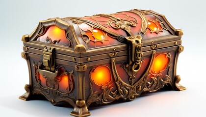 Vintage glowing wooden treasure box isolated on white