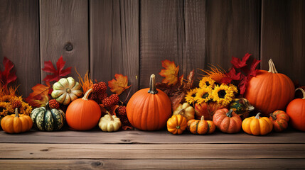 Pumpkins and natural fall decor for Halloween and Thanksgiving. Dark wood copyspace background