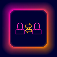Glowing neon line Exchange work icon isolated on black background. Information exchange between people. Employee or people Replacement or swap position concept. Colorful outline concept. Vector