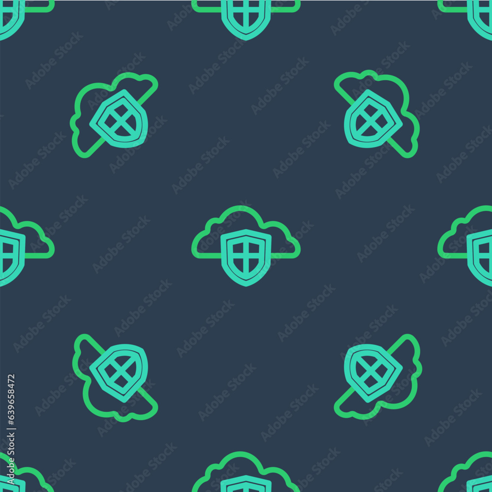 Poster line cloud and shield icon isolated seamless pattern on blue background. cloud storage data protecti