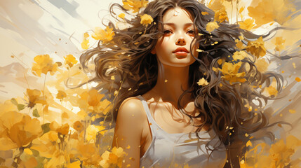 Sommerliche Schönheit: Gelbe Blumen und lächelnde Frau