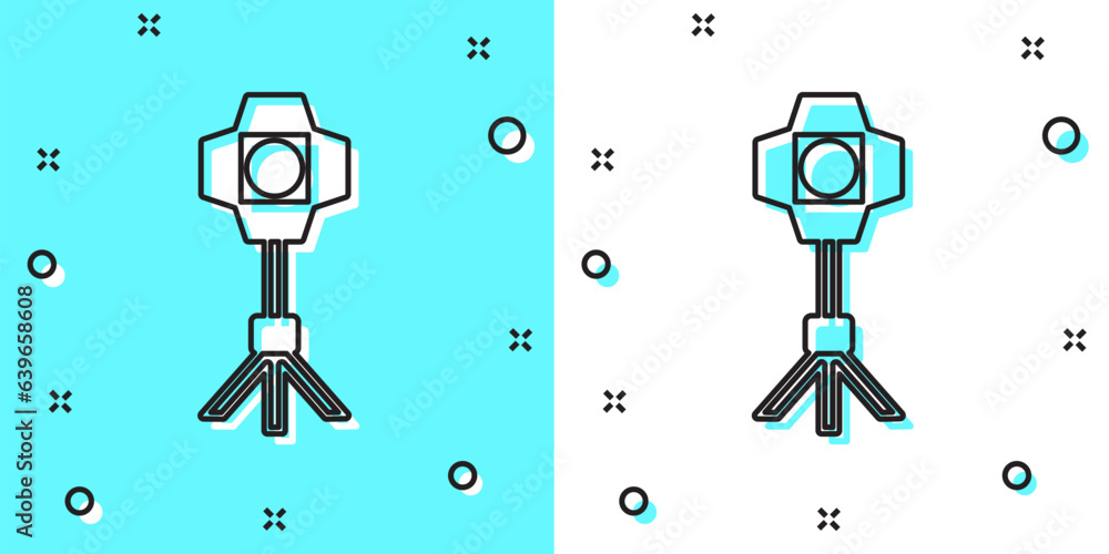 Poster black line studio light bulb in softbox icon isolated on green and white background. shadow reflecti