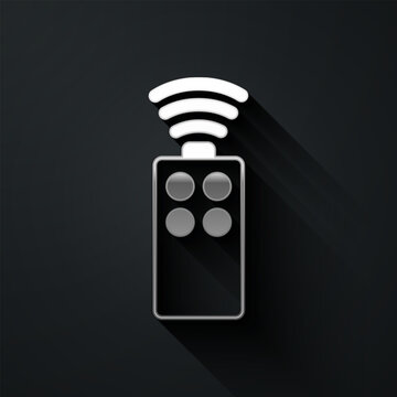 Silver Remote control for the camera icon isolated on black background. An auxiliary device that allows you to work with a camera from a distance. Long shadow style. Vector