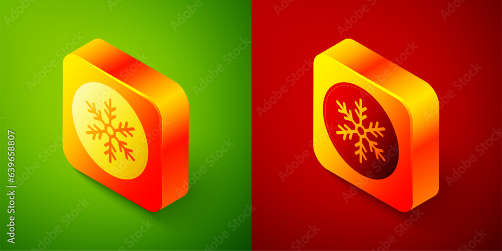 Poster isometric snowflake icon isolated on green and red background. merry christmas and happy new year. s