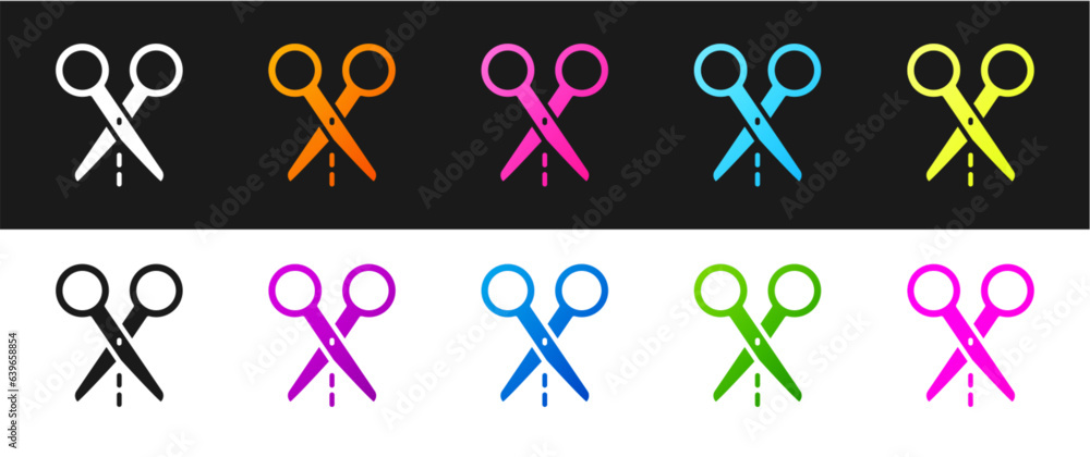 Poster set scissors with cut line icon isolated on black and white background. tailor symbol. cutting tool 