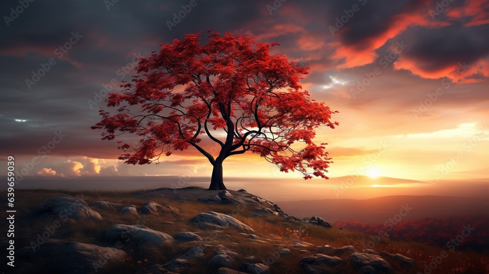 Poster a tree on a hill with a sunset in the background. generative ai