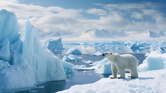  a polar bear standing atop an iceberg in the Arctic, surrounded by snow-covered mountains and a vast expanse of water The sky is filled with clouds, creating a bea