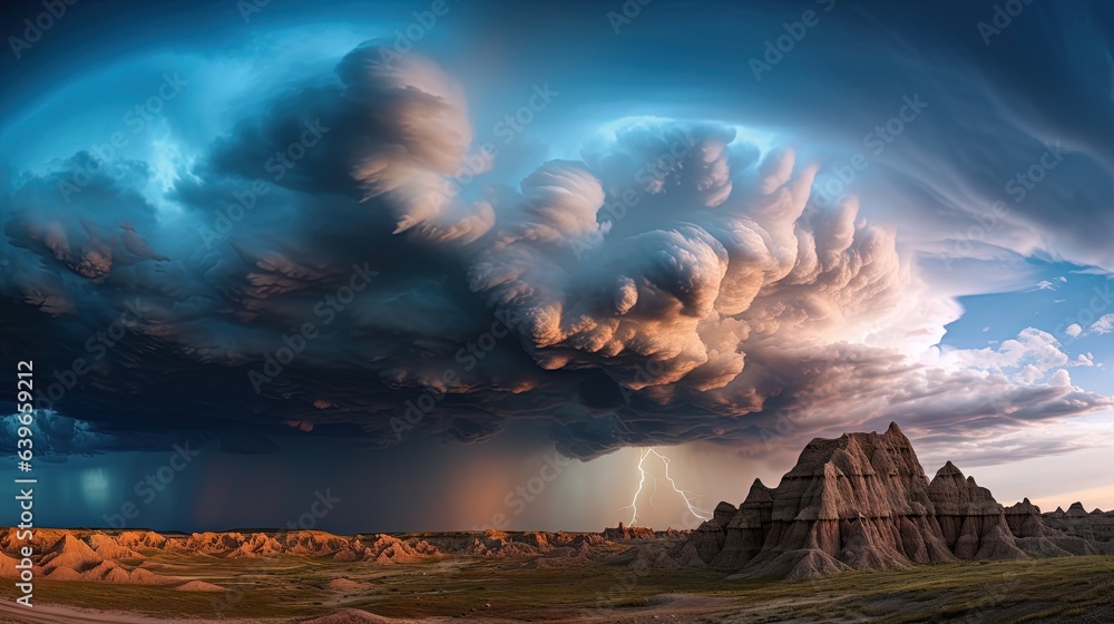 Poster a large cloud with lightning in the sky above a mountain range. generative ai