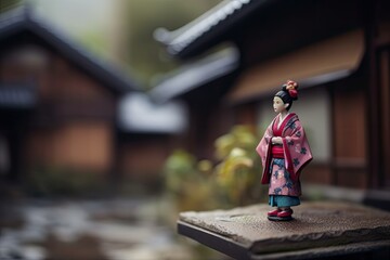 Miniature geisha in kimono. Japanese Asian diorama. Small woman in traditional costume created with Generative AI Technology