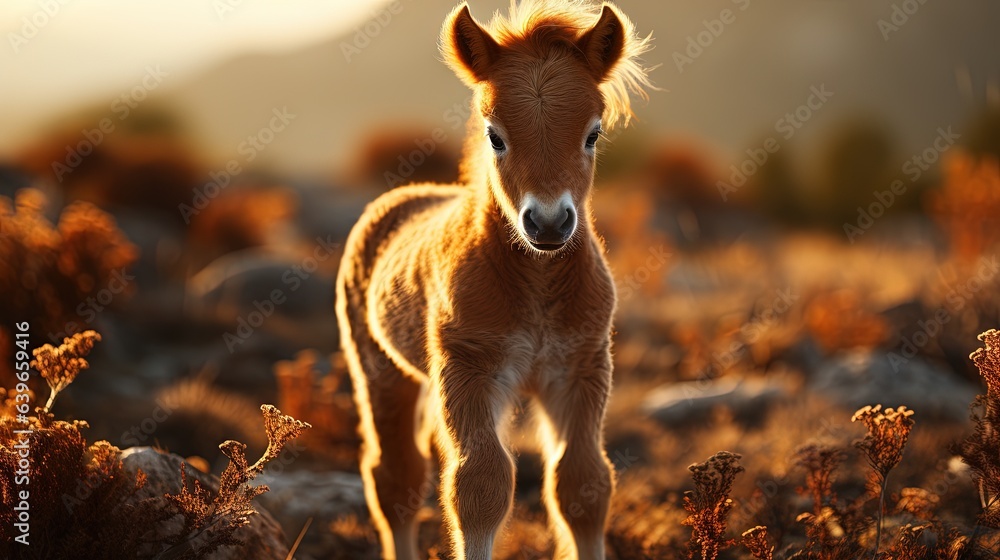 Poster a small horse standing in a field of grass and flowers. generative ai