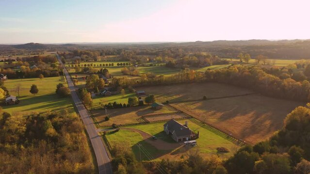 4K video Summertime Sunset, autumn in the country rural area aerial view