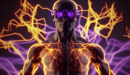 Fototapeta na wymiar Virtual man people and neural network in VR glasses is a symbiosis of a person and a light structure with many neurons.