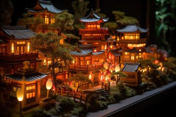 Japanese Lantern Festival. National holiday, view at night. Diorama ancient city with traditional houses and orange lamps. Miniature classic Asian town created with Generative AI Technology - obrazy, fototapety, plakaty
