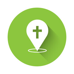 White Map pin church building icon isolated with long shadow background. Christian Church. Religion of church. Green circle button. Vector