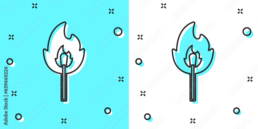 Poster black line burning match with fire icon isolated on green and white background. match with fire. mat