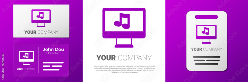 Poster logotype computer with music note symbol on screen icon isolated on white background. logo design te