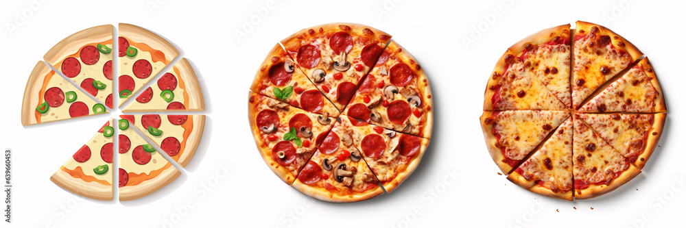 Wall mural top-down view of a classic pizzeria pizza with sliced pieces, isolated on a white background.