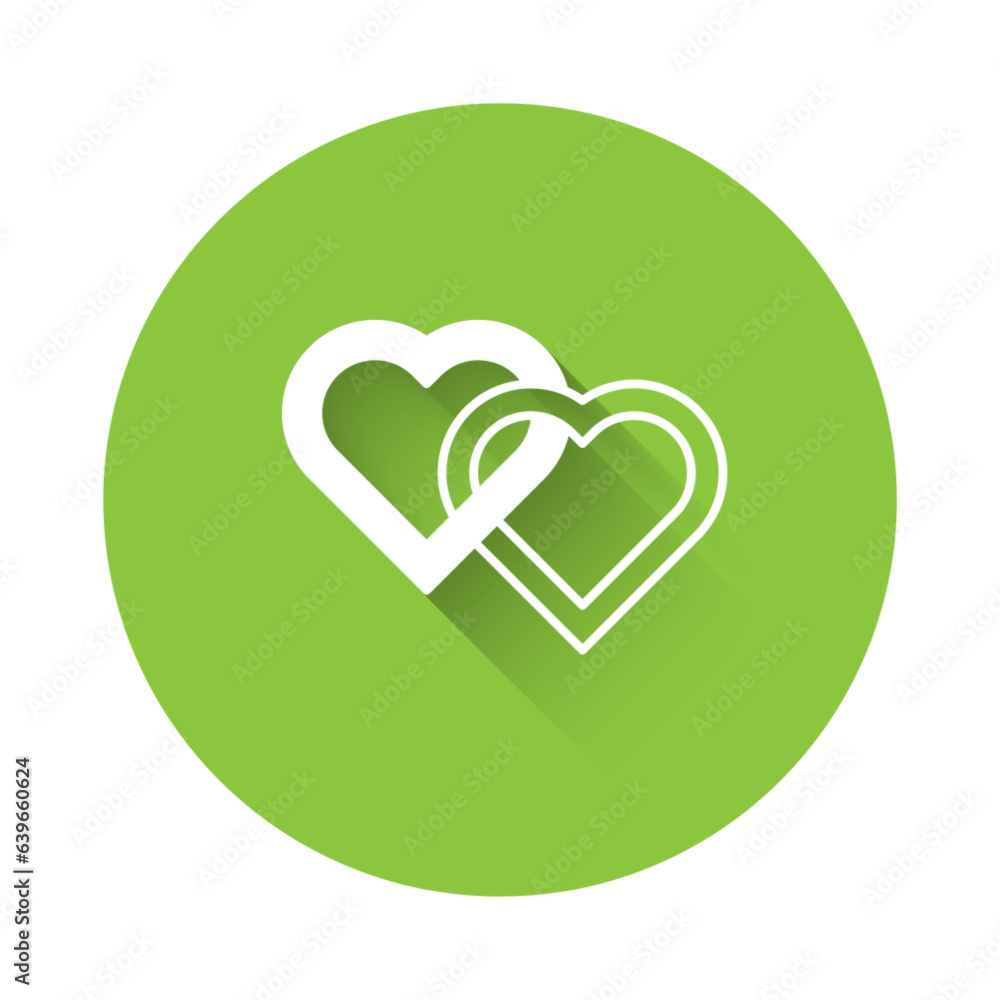 Sticker white two linked hearts icon isolated with long shadow background. romantic symbol linked, join, pas