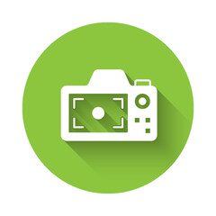 White Photo camera icon isolated with long shadow background. Foto camera. Digital photography. Green circle button. Vector