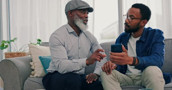 Network, father and son with a smartphone, conversation and connection with social media, home or questions. Family, black men or help with a cellphone, mobile app or learning with email notification