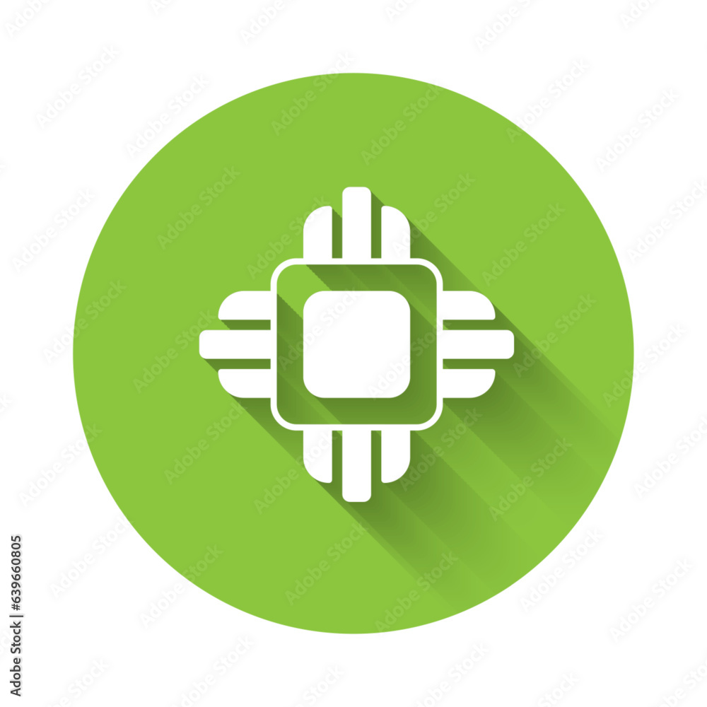 Poster white computer processor with microcircuits cpu icon isolated with long shadow background. chip or c