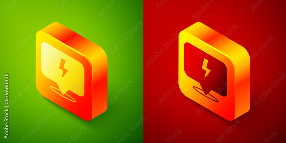 Poster isometric lightning bolt icon isolated on green and red background. flash sign. charge flash icon. t