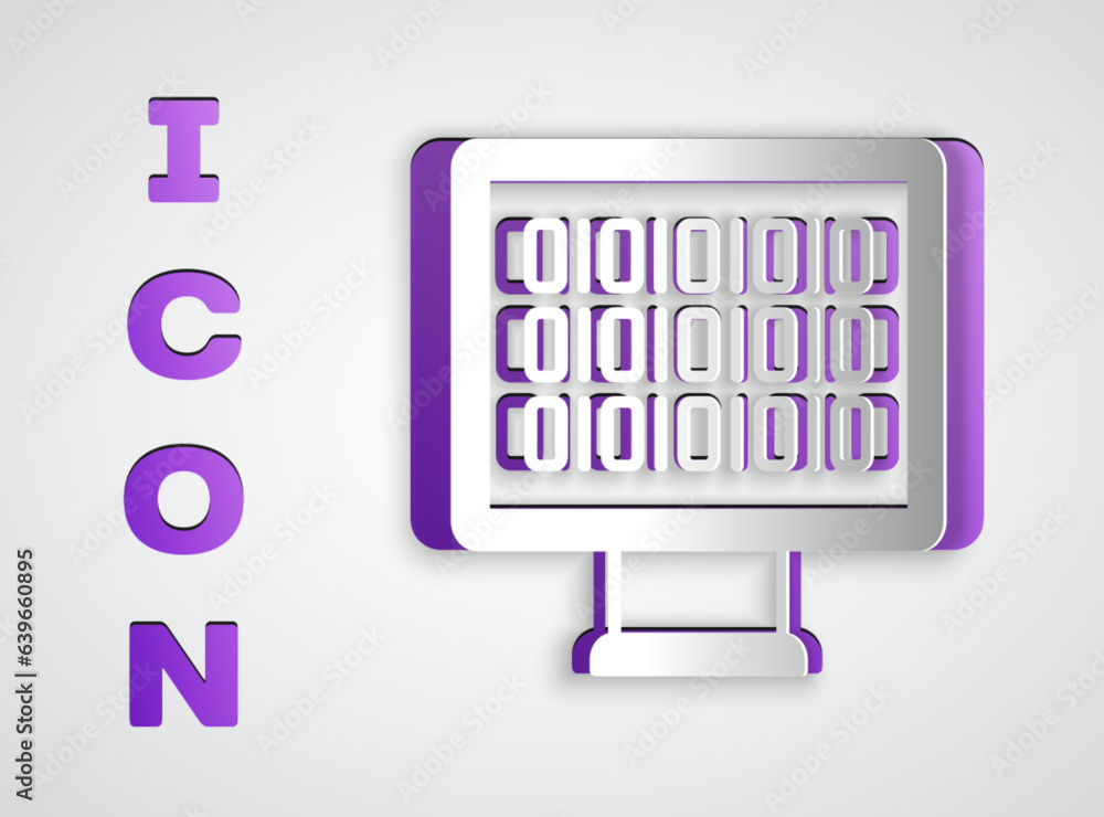 Poster paper cut binary code icon isolated on grey background. paper art style. vector