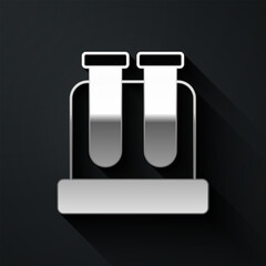 Silver Test tube and flask chemical laboratory test icon isolated on black background. Laboratory glassware sign. Long shadow style. Vector